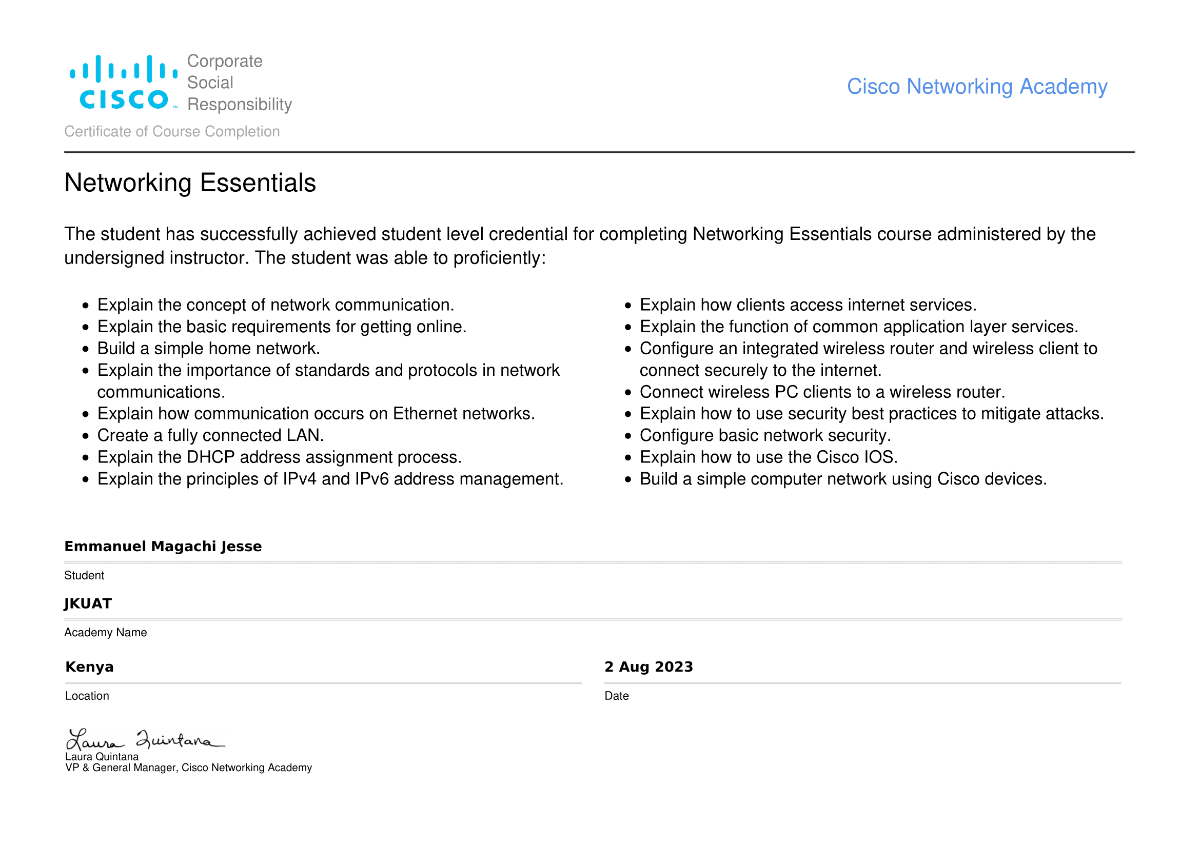 Networking Essentials Certificate